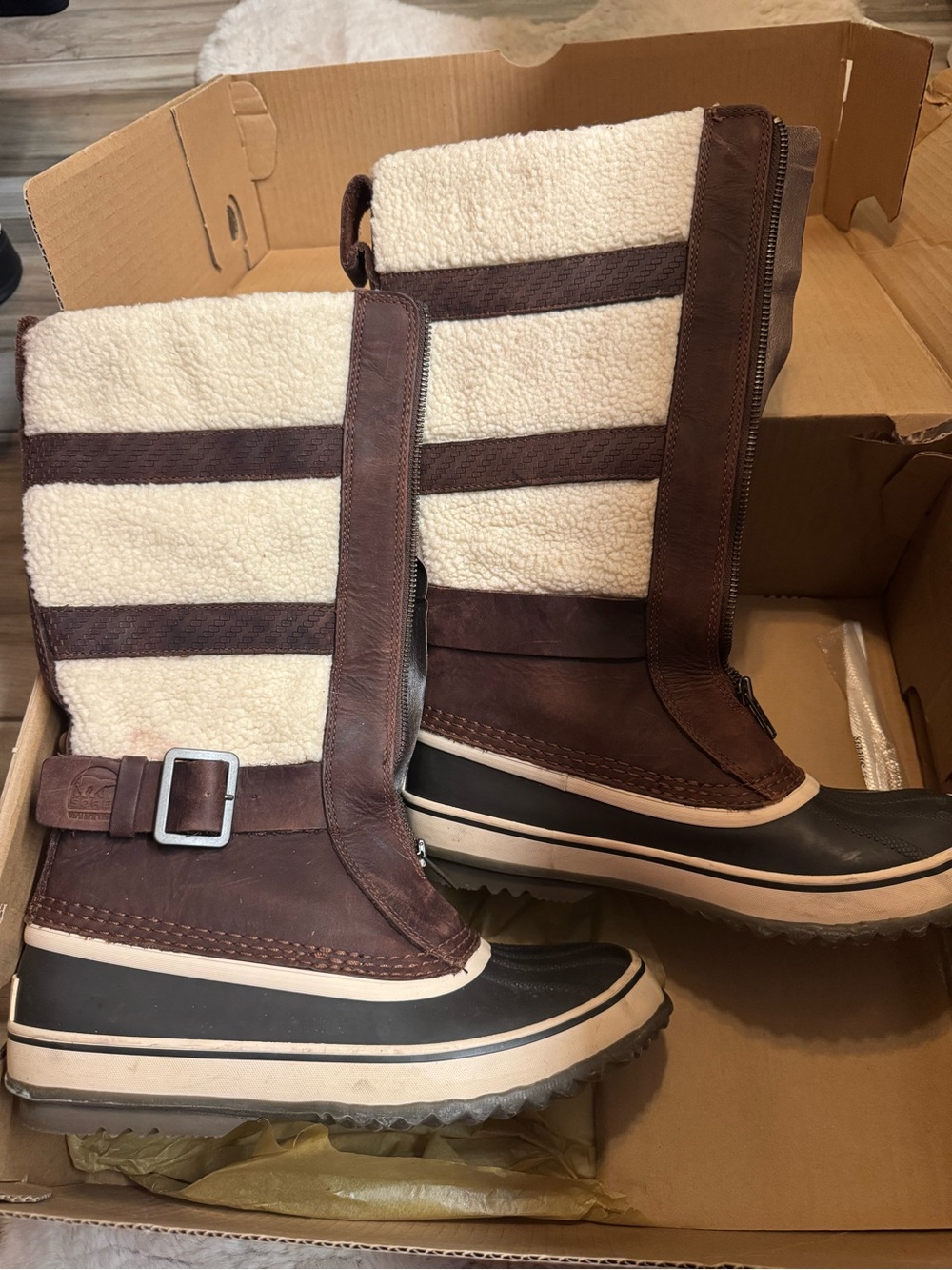 Sorel Brown and Cream Sherpa-Trim Winter Boots